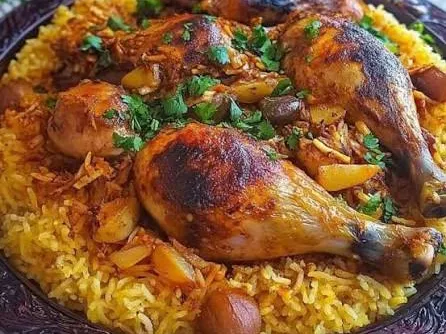 Plateau de riz épicé et cuisses de poulet rôties